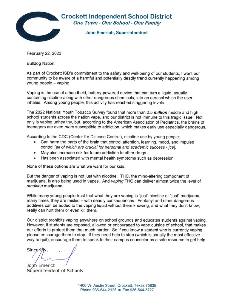 Vaping Letter from Mr. Emerich. PDF linked below. 